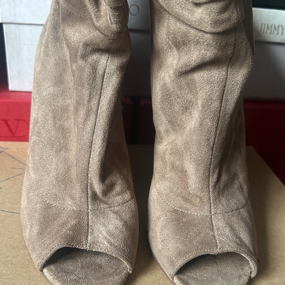 Indigo Taupe Suede Peep-Toe Booties